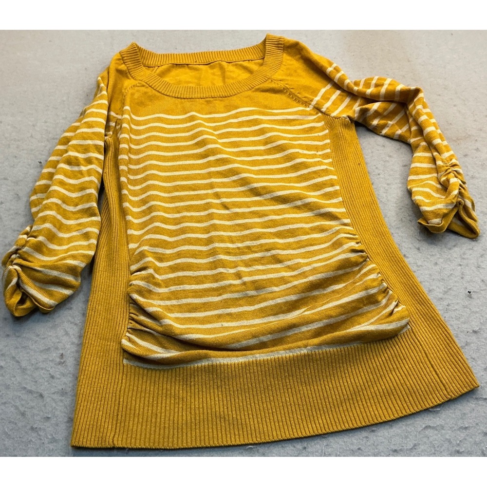 Mustard Yellow Striped Ruched Front Sweater 3/4 Sleeve Ribbed Knit Top